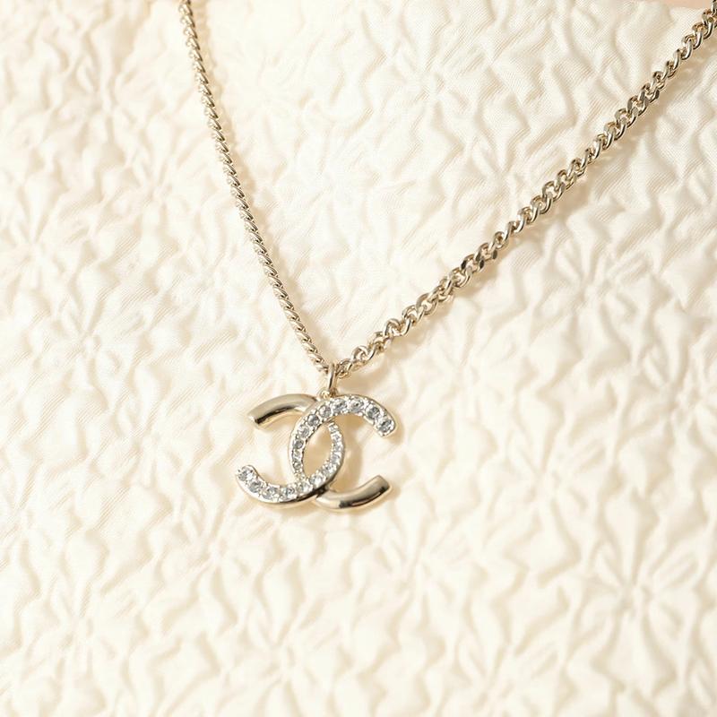 CHANEL gold rhinestone stitching double c pendant necklace women's silver