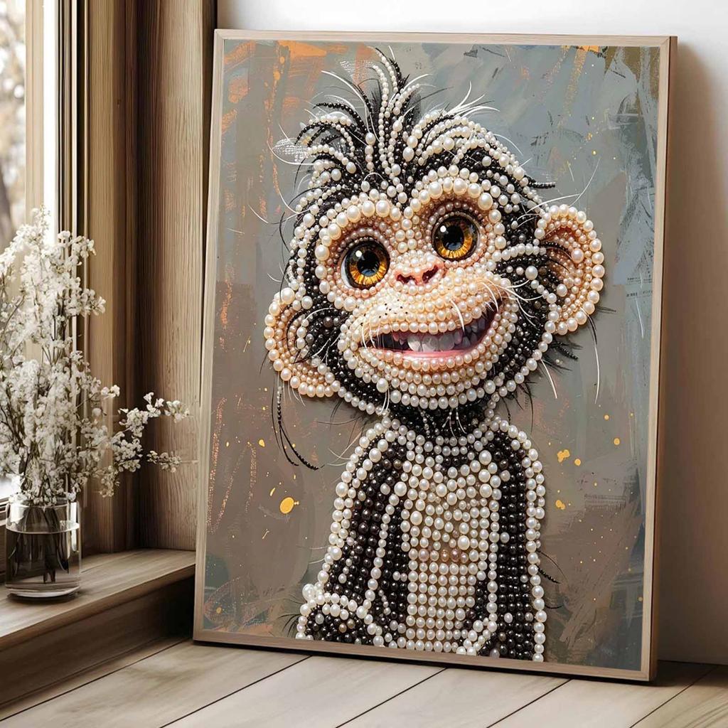 Stretched Frame Pearl Art Kit Cute Monkey Pattern DIY Sparkling Bead Canvas Relaxing Hobby Gift for Handicraft Enthusiasts Home Decor Art