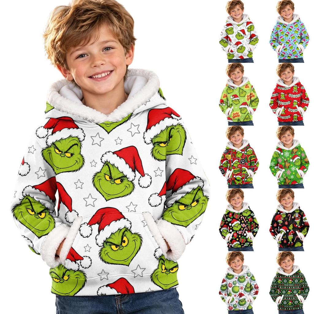Kids Long Sleeve Christmas Print Casual Hooded Top for Boys and Girls Holiday Outfit