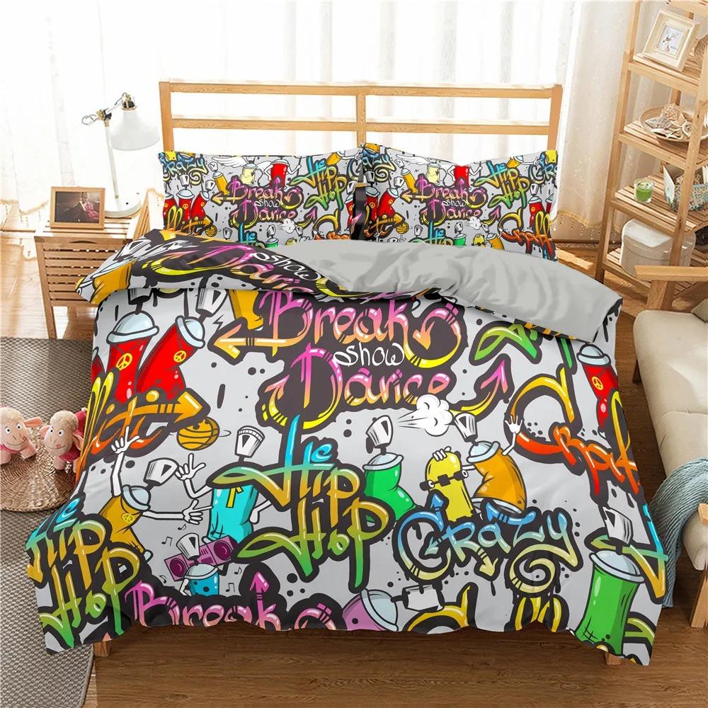 Fashion Bedding Set Cartoon Graffiti Polyester Duvet Cover Pillowcase Single King Double Full Queen Size Polyester Quilt Cover