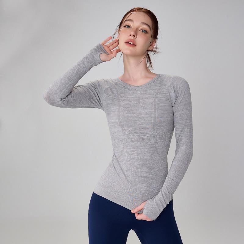 Seamless nude fitness clothes women's three-dimensional slim-fit yoga clothes long-sleeved breathable crew neck running sports tops winter