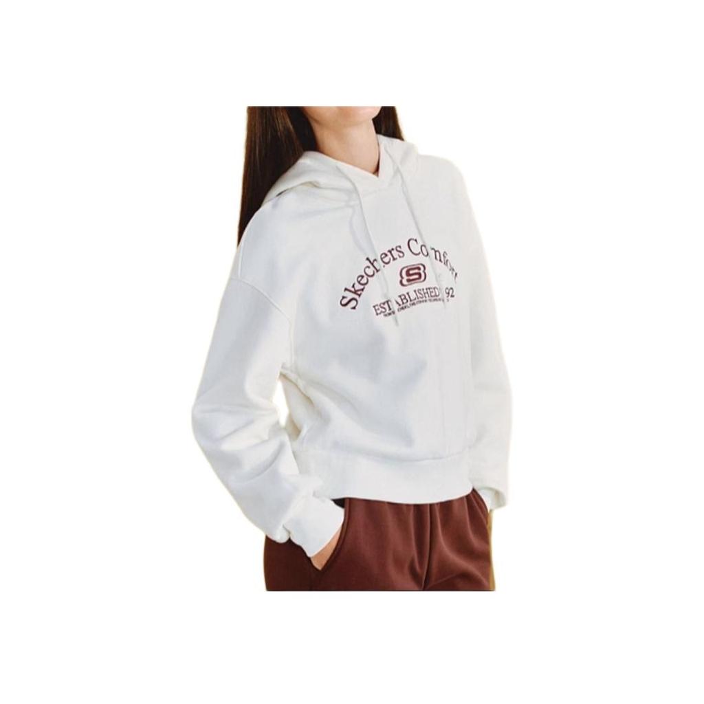 Skechers Letter Print Versatile Comfortable Hooded Long Sleeve Sweatshirt Women Sweatshirt Off-White L324W051-0074