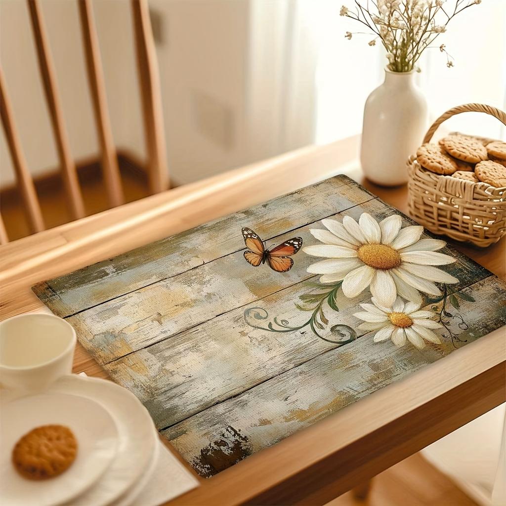 4/6pcs Butterfly Daisy and Mottled Wood Plank Spring Summer Placemats, Kitchen Rectangular Table Mats 12x18 Inches, Suitable for Family Kitchen Party