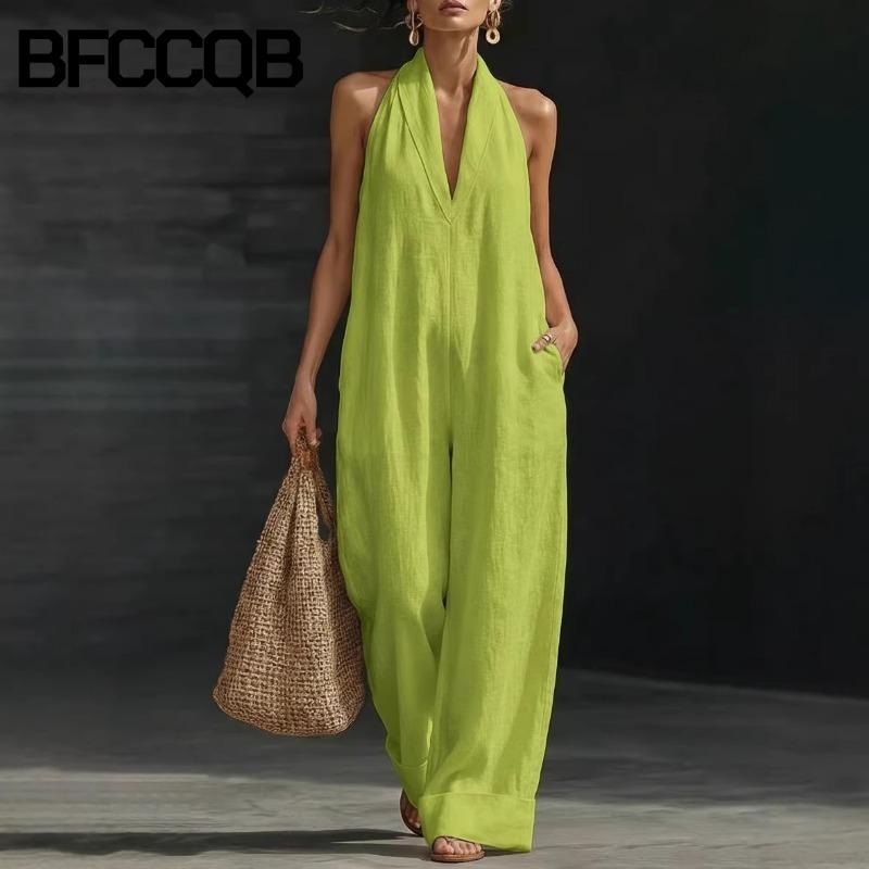 BFCCQB Pantaloni da donna con bretelle senza maniche, stampa tinta unita, moda casual, primavera estate, tute e pagliaccetti