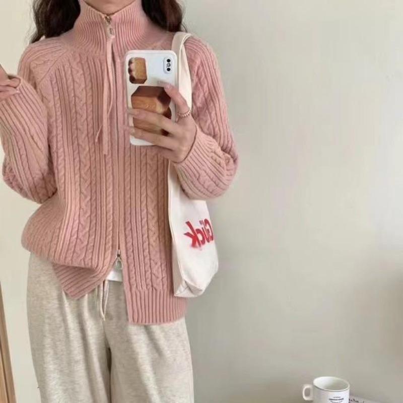 Pulover de damă de toamnă și iarnă, cu fermoar dublu, de culoare uni, tricot răsucit