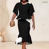 Women Plus Size Two Piece Set Round Neck Batwing Sleeve Black White Printed Ruffle Hem Top Fishtail Skirt