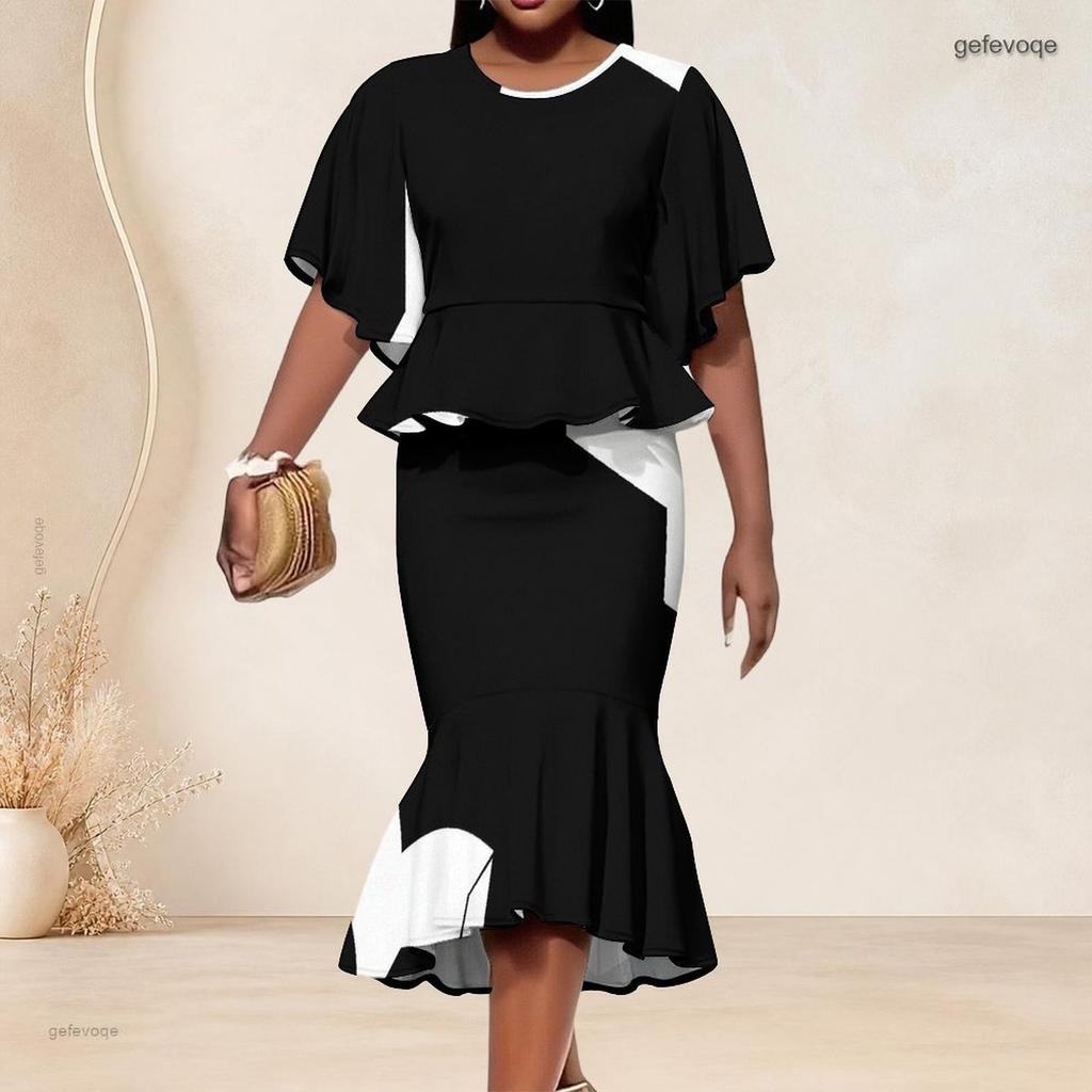 Women Plus Size Two Piece Set Round Neck Batwing Sleeve Black White Printed Ruffle Hem Top Fishtail Skirt