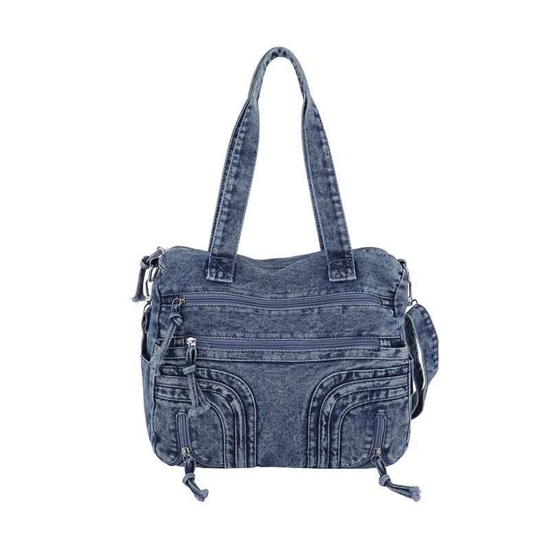 Gewaschene Denim-Umhängetasche mit mehreren Taschen und oberem Griff, verstellbarem Riemen, lässige Tragetasche für den täglichen Gebrauch
