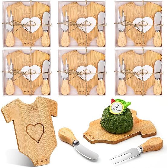 6 Set Baby Shower Party Favors Cheese Board Set Wooden Mini Charcuterie Boards with Knives and Forks Bulk Bodysuit Shape Cheese Boards with Cards and Bamboo Wood