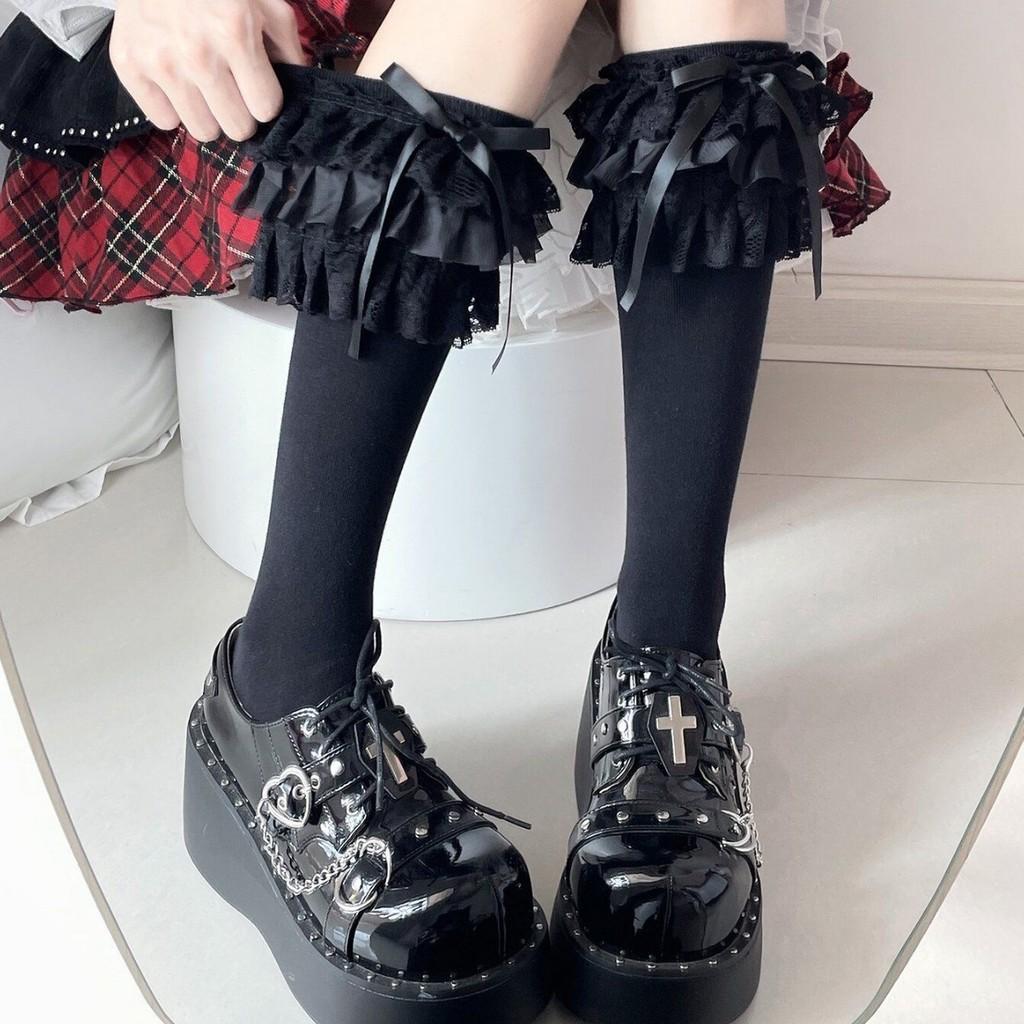 Calzini al ginocchio in cotone stile Lolita con fiocco nero per autunno, inverno, uso quotidiano