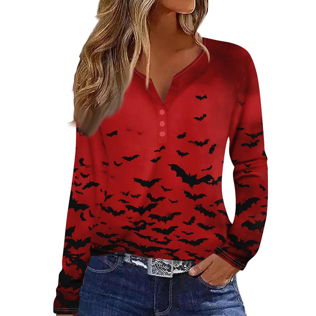 Women's Long Sleeve V-Neck T-Shirt with Button and Halloween Print Casual Top