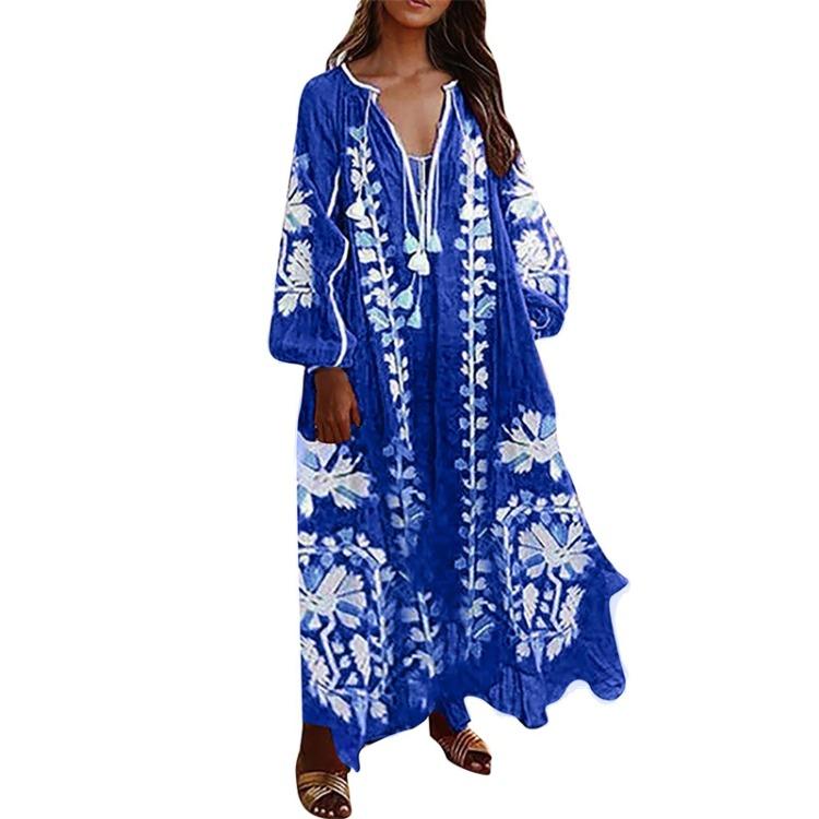 Bohemian Style Long Sleeve V Neck Dress Women Fashion Casual Long Dresses