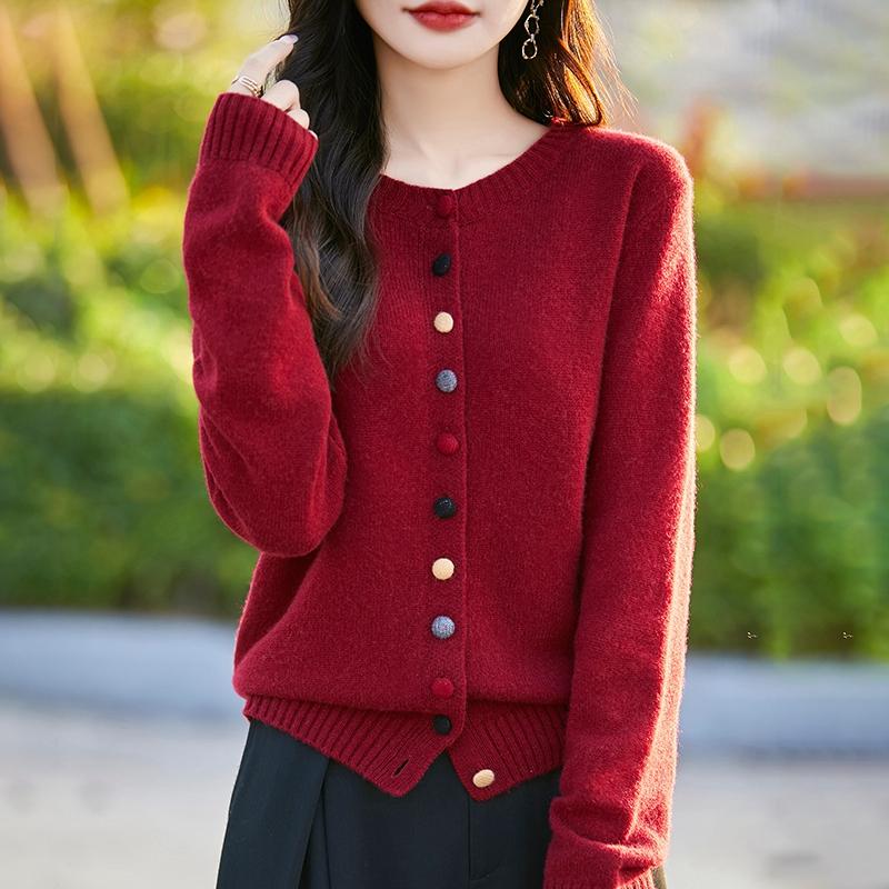 Suéter de cashmere feminino Qinghe cashmere 30% cashmere 70% lã outono e inverno cardigan cashmere macio e quente