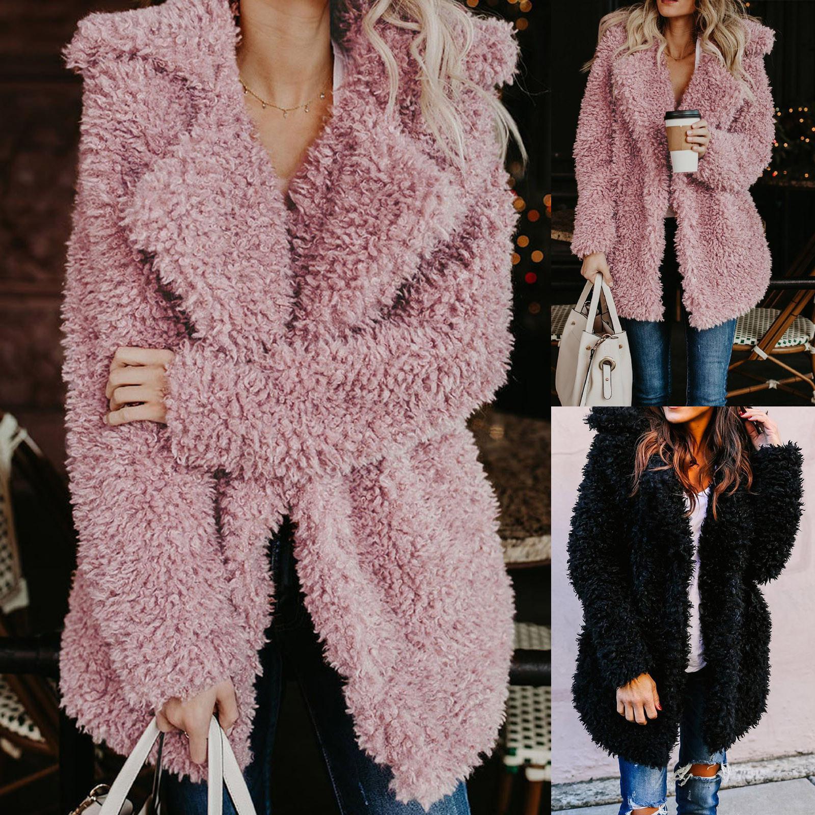 

Womens Ladies Warm Faux-Fur Coat Jacket Solid Long Thick Cardigan Outerwear XXL чорний