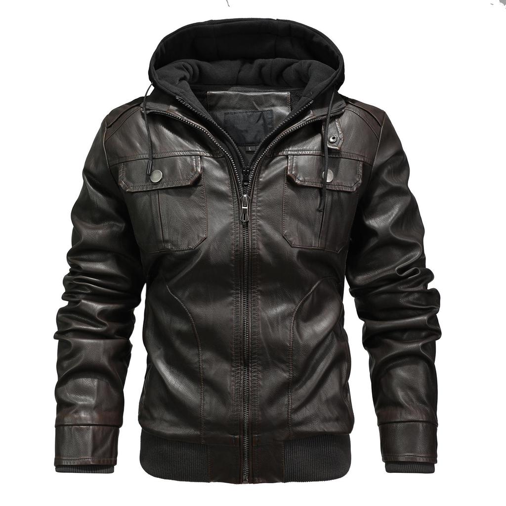 Men's Winter Plus Size PU Leather Jacket with Detachable Hood - Fleece-Lined Motorcycle Coat, European & American Style