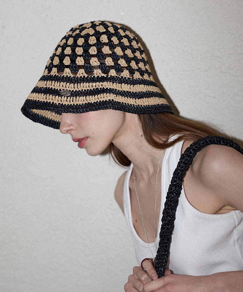 Seullouseulloulli Fruits Handmade Crochet Raffia Bucket Hat _ Mix (Beige & Black)