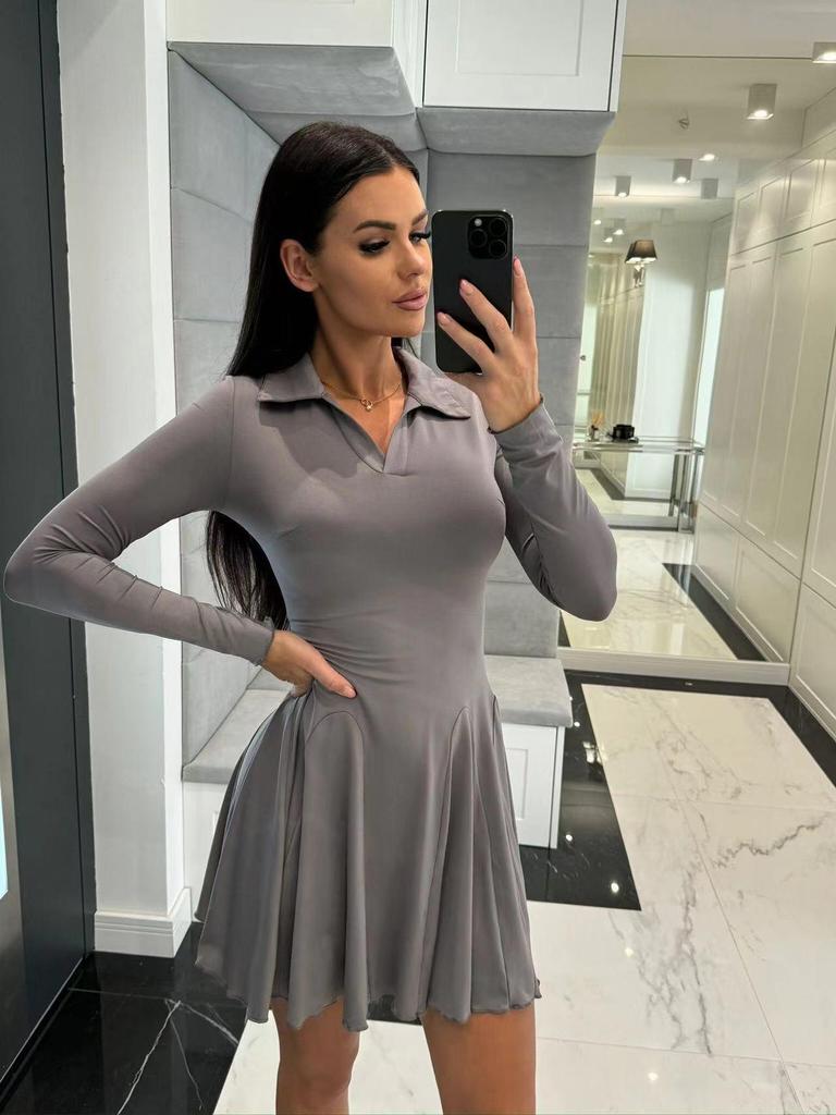 Autumn Women's Solid Color Waist-Slimming Long-Sleeve Lapel Dress