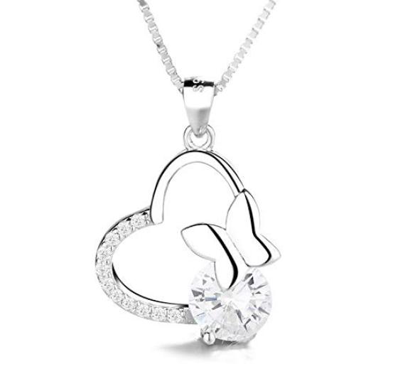 

[Univarc Brand] Butterfly and Heart Silver Necklace, Jewelry Cloth, Pouch, Bag, Warranty Card - Luxurious 5-Piece Set Pure Silver, Crystal, Open
