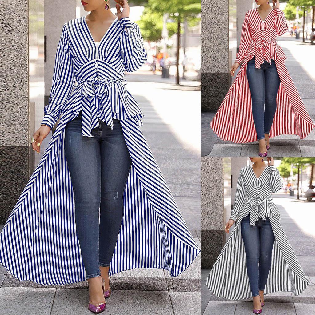 

Women Sexy Fashion Irregular Stripe Bow Tie Long Sleeve Long Shirt Short Blouse