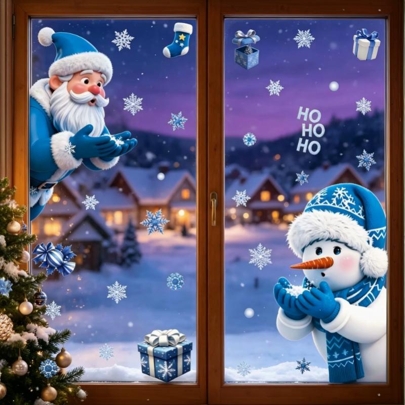 1/2 Sheets Cartoon Snowman Snowflake Santa Claus Christmas Window Wall Sticker Self-Adhesive Decor New Year Windows Stickers