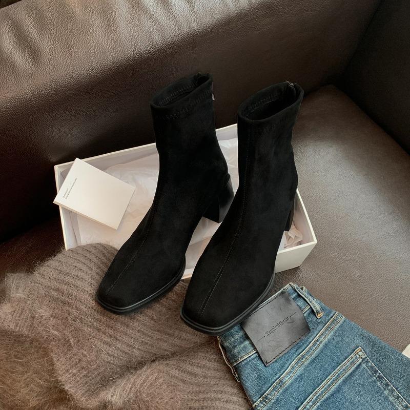 Classic temperament square head rear zipper ankle boots thick heel short boots women's high heel thin boots
