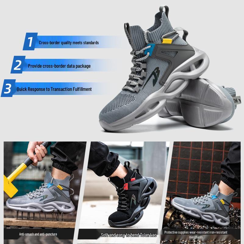 Flyknit Breathable Steel Toe Safety Shoes - Lightweight, Shock-Absorbing, Anti-Slip, Anti-Smash, and Wear-Resistant for Construction Work.
