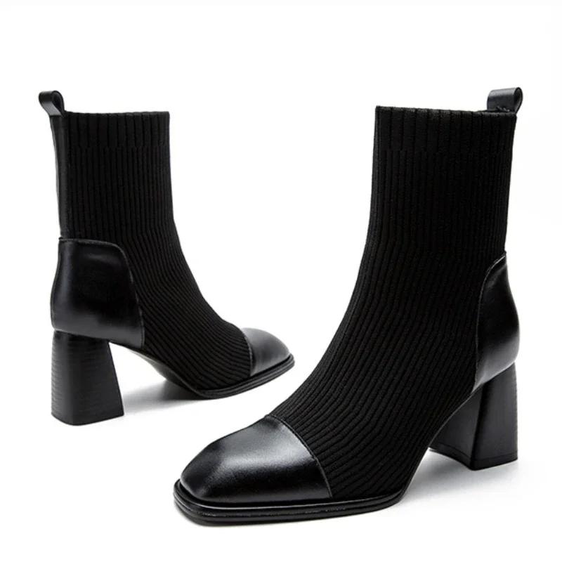 Fashion 2024 New High Heel Ankle Boots for Women Korean Style Fashion Square Toe Woman's Boots Comfortable Thick Heel Black Short Boots