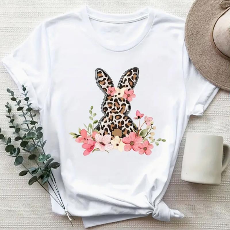 Fashion Women Leopard Rabbit Floral Print T Shirt Funny Casual O-neck Short Sleeves T-shirt Summer Female Tee Shirt