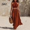 Sleeveless Crop Top Women Women's 2 Piece Outfits, High Neck Halter And Comfortable Summer Pants Wide Leg Matching Set, Beach Vacation Outfits