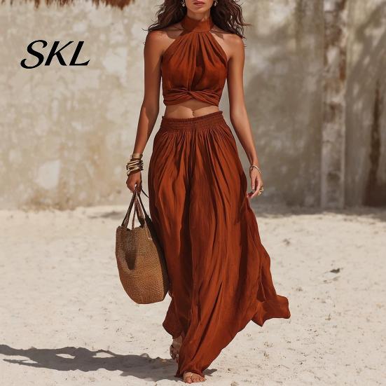 Sleeveless Crop Top Women Women's 2 Piece Outfits, High Neck Halter And Comfortable Summer Pants Wide Leg Matching Set, Beach Vacation Outfits
