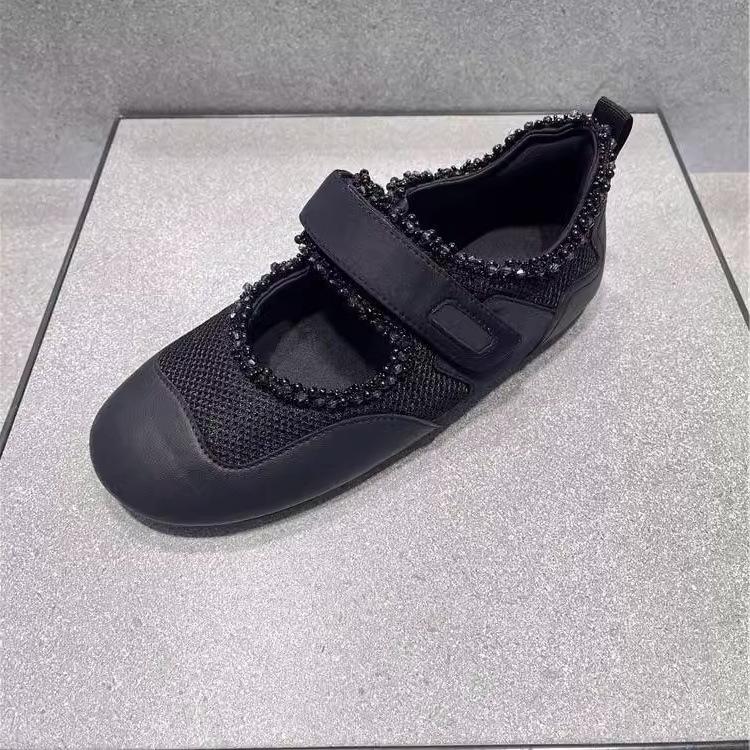 

2025 spring new fashion casual sports women s shoes beaded flat Mary Jane single shoes versatile ballet shoes 40 чёрный