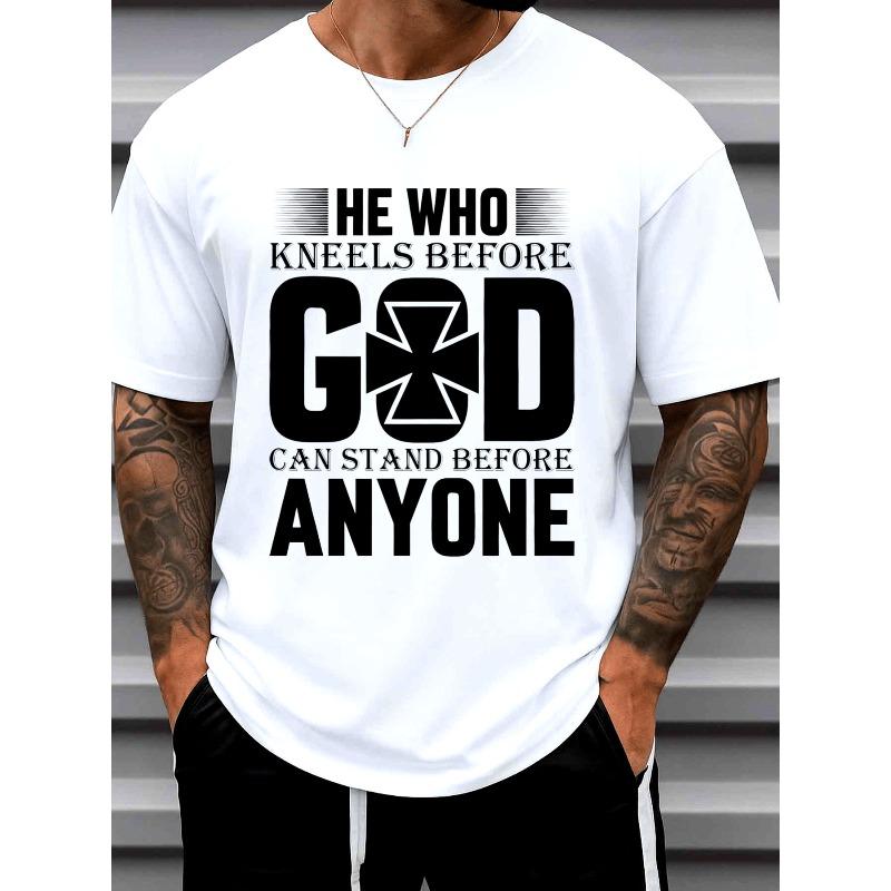

European sizes Stand Before God Faith Plain T-Shirts , White, Crew Neck, Short Sleeve, Casual Fit, Digital Heat Transfer Print 4XL білий