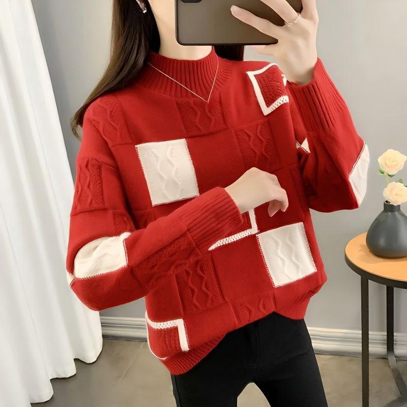 

Checkered Sweater for Women Jacquard Half Turtleneck Knitted Sweater Long-sleeved Loose Pullover for Autumn and Winter S красный