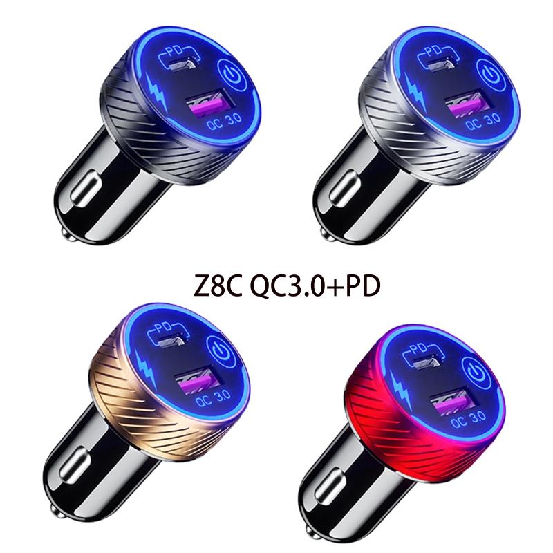Universal QC3.0 USB Dual Port USB C Type C PD Car Adapter Fast Car Charger with for Touch Power Switch LED Backlight