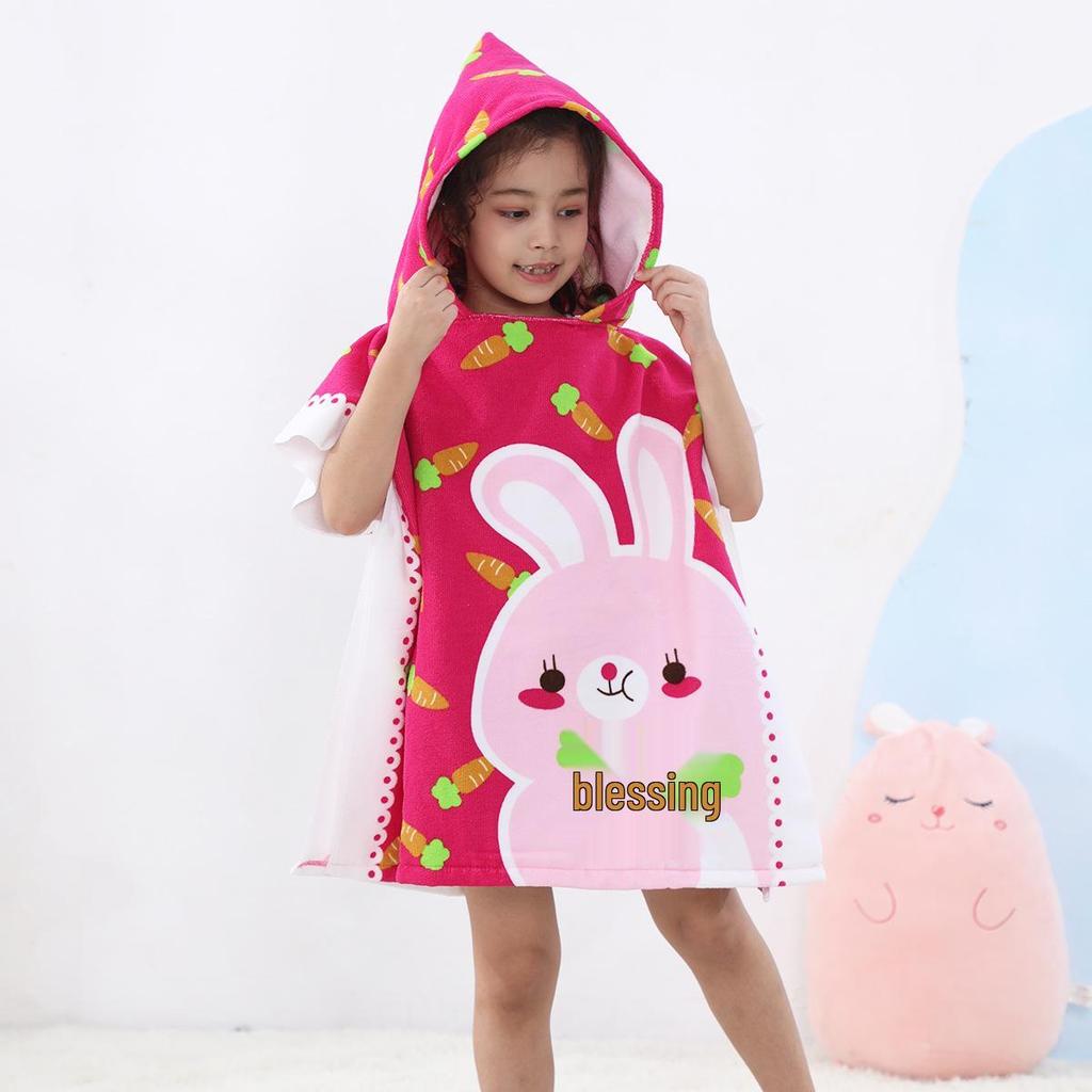 Ultra-Fine Fiber Cartoon Print Kids' Hooded Bath Towel Poncho