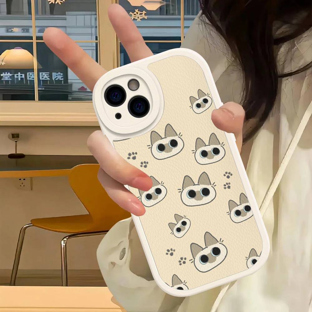 Cartoon Siamesische Katze Paar Handyhülle für iPhone 16 15 14 11 12 13 Pro Max Plus Rückseite Lederhülle