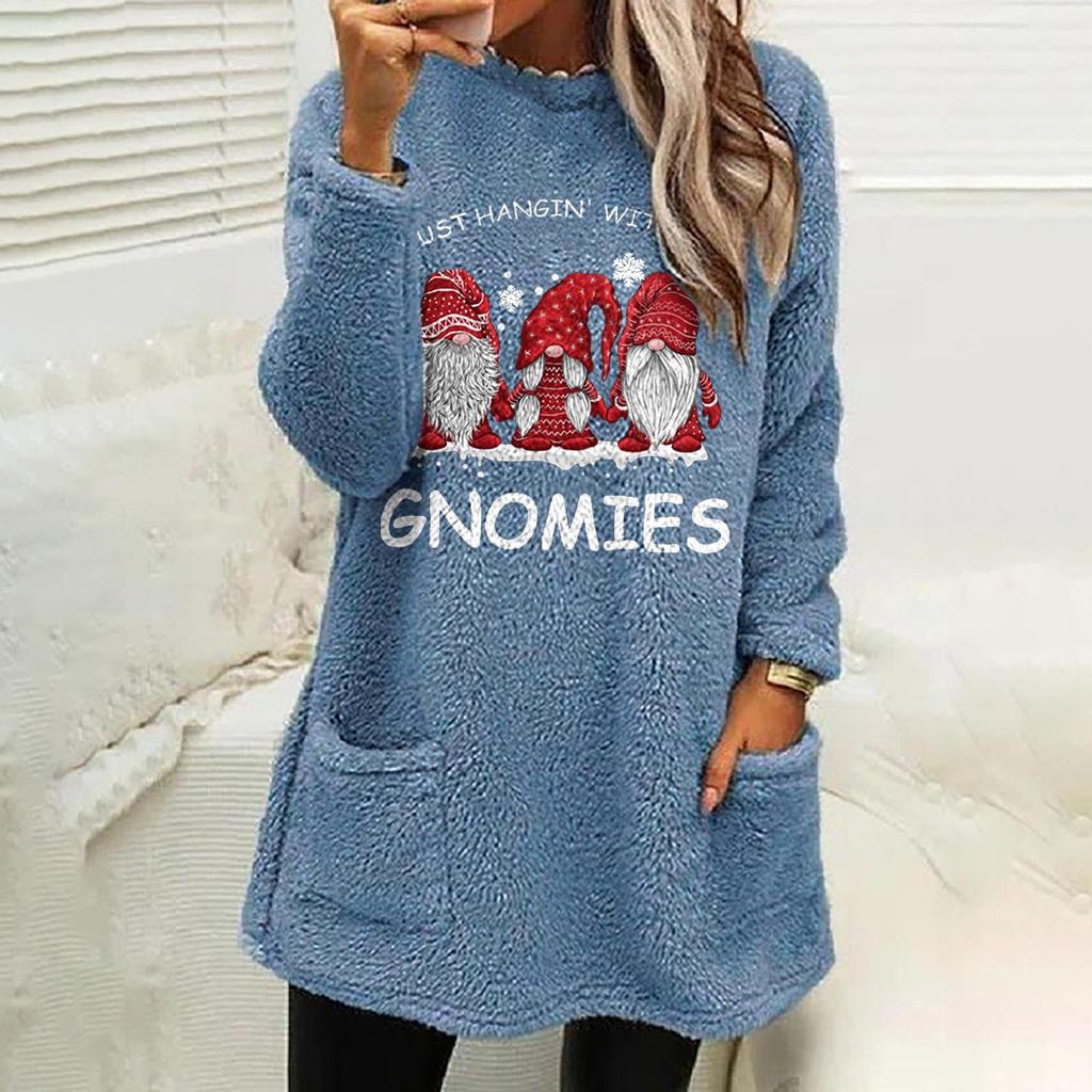 European & American Women's Dwarf Letter Print Plush Hoodie - Round Neck, Loose Fit, Long Sleeve, with Pockets