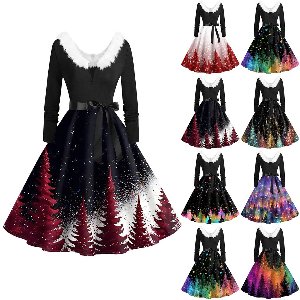 Women's Fashion V-Neck Casual Slim Christmas Printed Long Sleeve Hair Collar Dresses