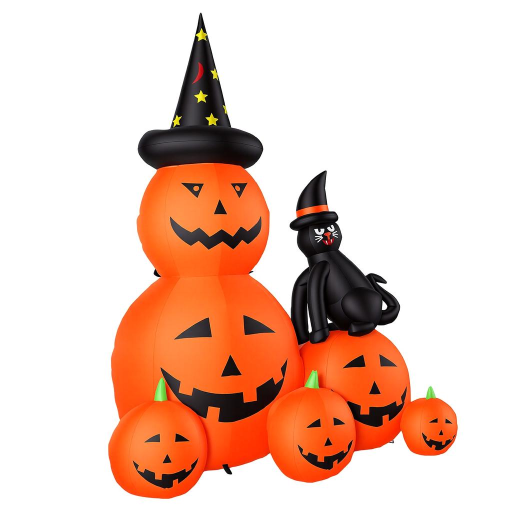 Inflatable Stacked Pumpkin with Witch Hat and Black Cat 5.9FT Holiday Blow Up Pumpkins Yard Decoration with Light for