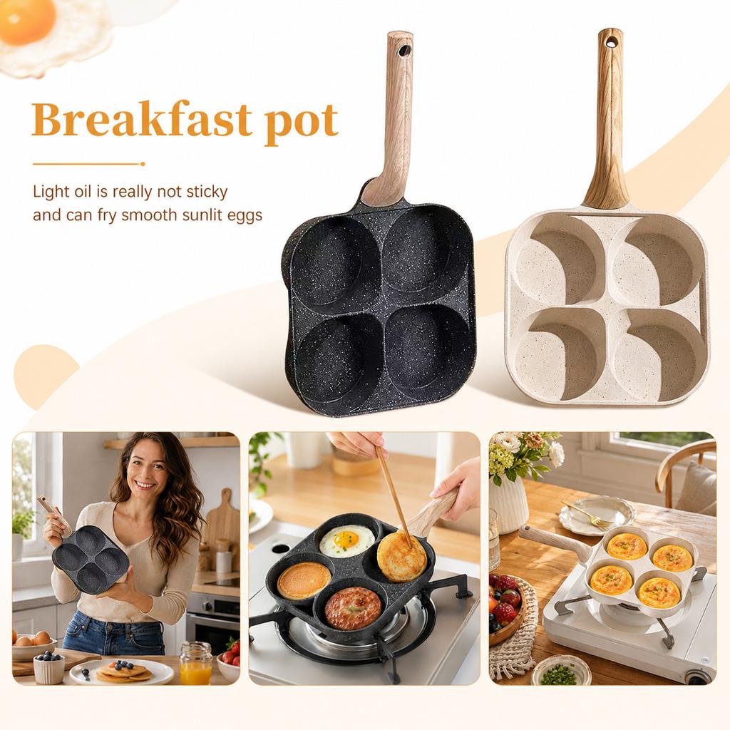 Poêle à petit-déjeuner 4 trous avec long manche pour cuisson sur plaque chauffante