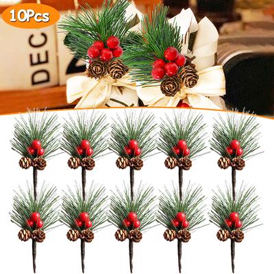 10PC Hanging Ornaments Home Artificial Pine Cone Picks Party Red Berry Christmas Decor Fake Needle Stems Holiday Decor Crafts