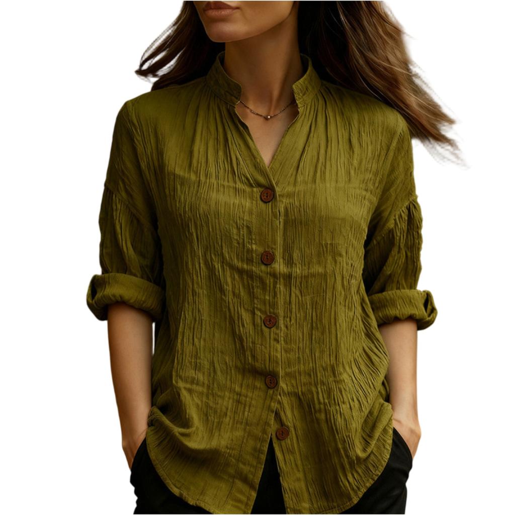 Women's Fashionable Color V,neck Long Sleeved Button Down Casual Shirt Top