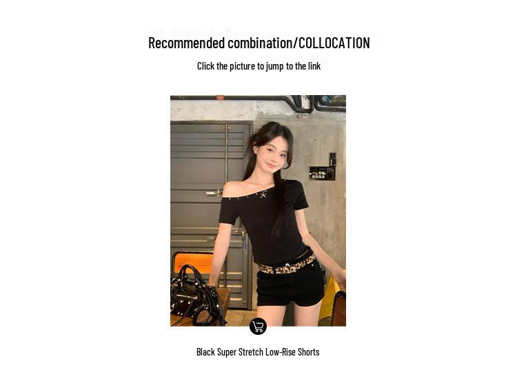 Women's Black Asymmetric Off-Shoulder T-Shirt with Rhinestones, Summer 2025 Collection - Chic and Unique Style