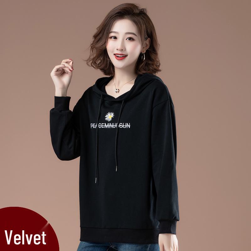 Women's Autumn/Winter 2025 Plus Size Hooded Daisy Plush Sweatshirt - Korean Style for Middle-Aged Moms