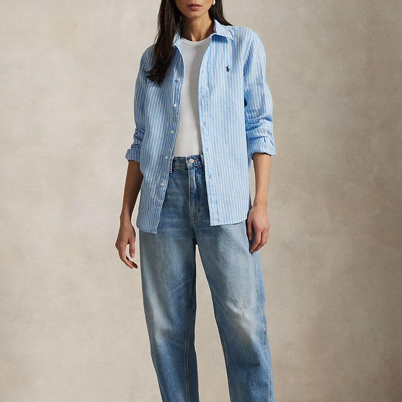 Polo Ralph Lauren Classic Striped Linen Polo Shirt With Embroidered Pony Women Shirts Blue WMPOSHTNDO20749-400