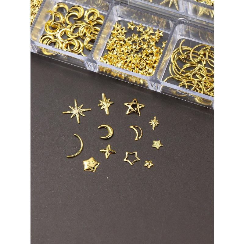 12 Grids Gold Moon Star Metallic Nail Charms 3D Y2K Jewelry Rhinestones Steel Ball Nail Art Decoration Manicure Supply Diy Nail Supplies