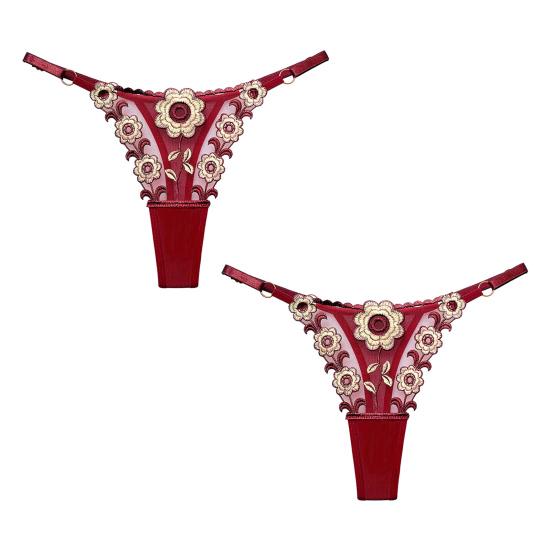 2 Pcs Women Thong Floral Embroidery See-through Lace Briefs Low Waist Hollow Out Elastic Wedding Night Bedroom Lady Underpants