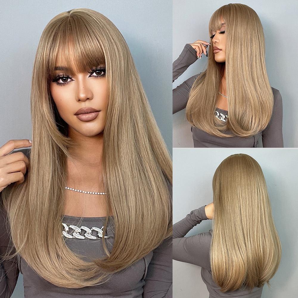 EASIHAIR Dlouhé rovné paruky s ofinou Tmavě hnědá s blond melír Syntetické paruky pro ženy Denní paruky do vlasů Odolné vůči teplu