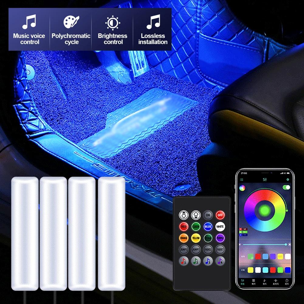4Pcs LED Car Interior Atmosphere Backlight Ambient Mood Foot Light With Cigarette USB Lighter Decorative APP Remote Control Lamp