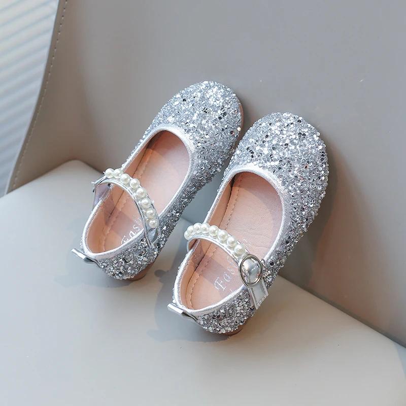 Dívčí třpytivé boty Dětské kožené boty pro střední velkou dívku Dětské párty svatební boty Kamínky s perlami Princeznovské balerínky